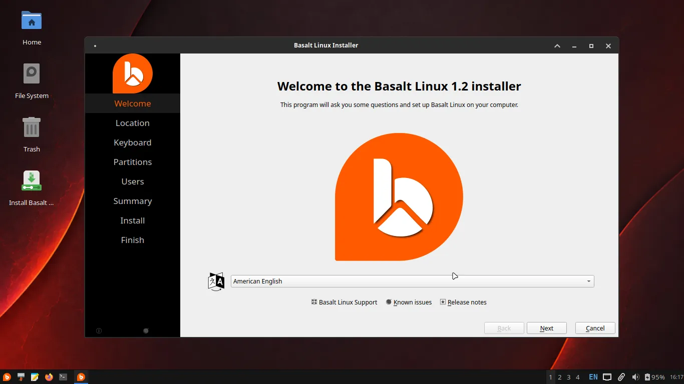 Calamares installer running inside Basalt Linux