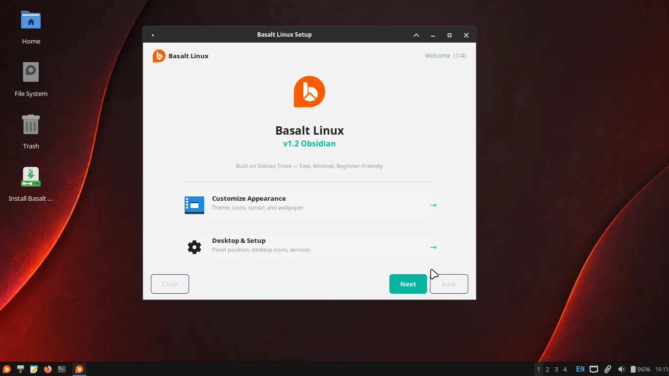 Basalt Linux desktop showing the welcome screen on the Xfce desktop